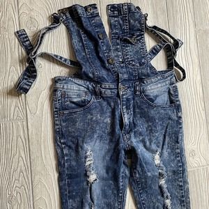 JCJQ Denim Skinny Overalls Womens L 30x30 Stonewash Stretch Torn Distressed